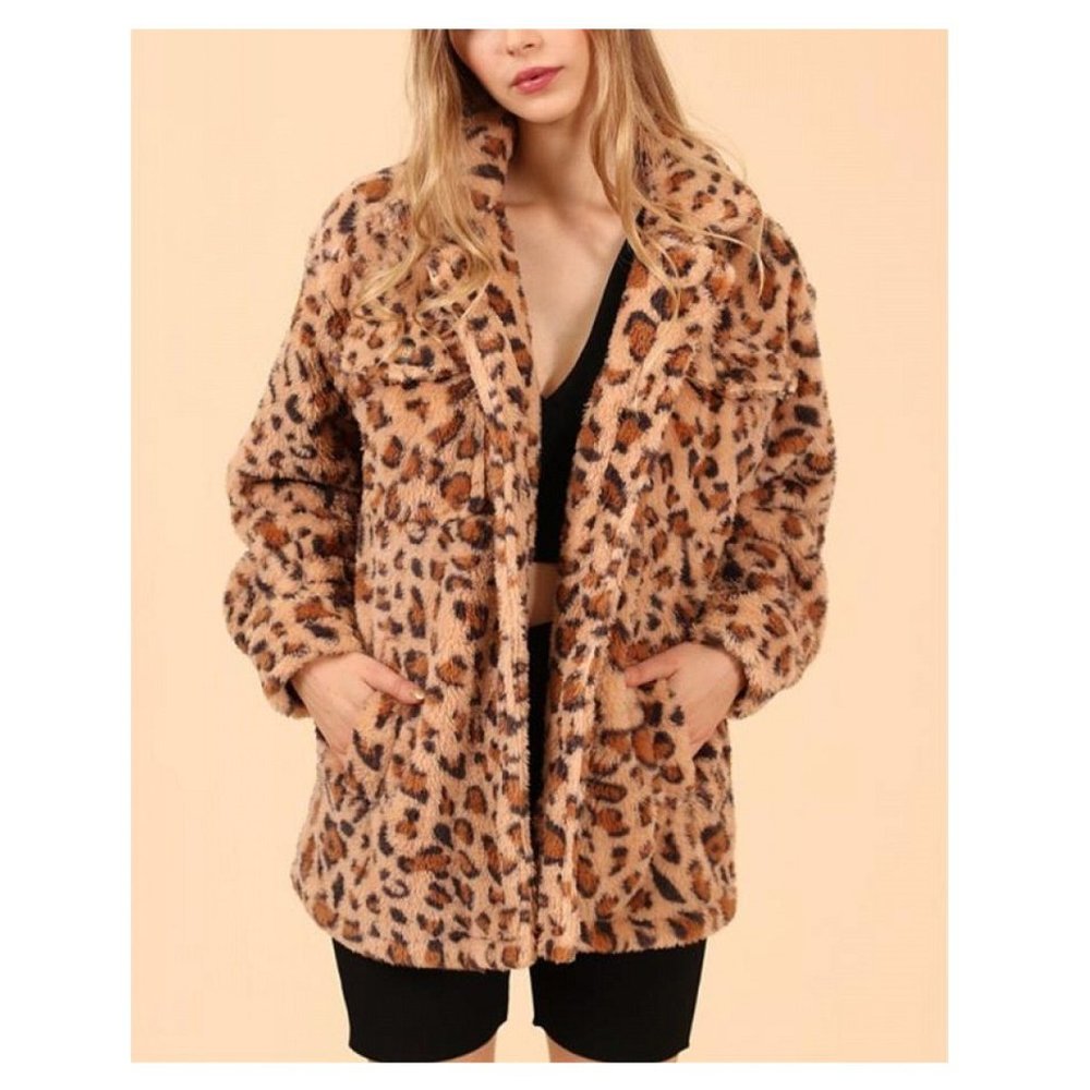 Leopard Faux Fur Jacket Women Plush Zip Front Winter Coat - Picture 7 of 9